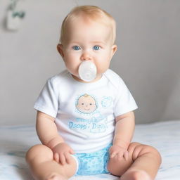 A blonde baby with blue eyes, smiling, sitting with a full body view