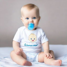 A blonde baby with blue eyes, smiling, sitting with a full body view