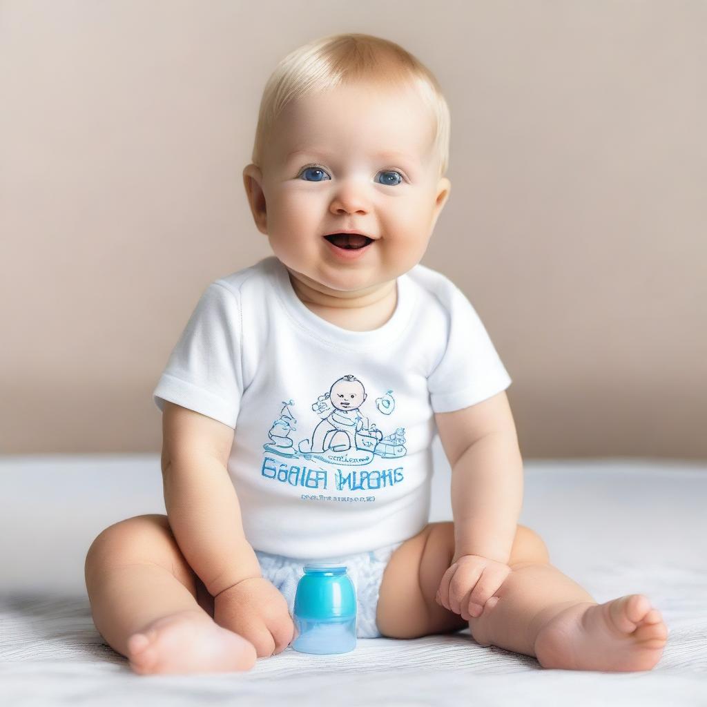 A blonde baby with blue eyes, smiling, sitting with a full body view