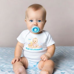 A blonde baby with blue eyes, smiling, sitting with a full body view