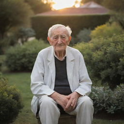 A serene portrayal of old age, showcasing a wise, elderly person with a world-worn face full of character lines, seated in a beautifully landscaped garden during sunset.