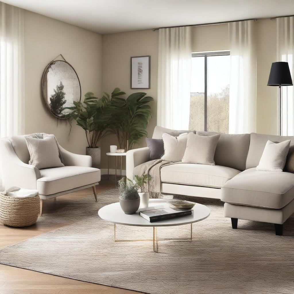 A modern living room with warm decorative notes