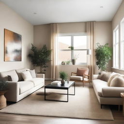 A modern living room with warm decorative notes