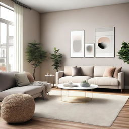 A modern living room with warm decorative notes