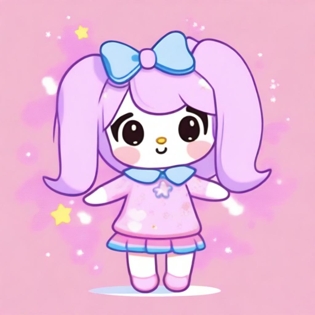 A cute Sanrio animal character in pastel pink, lilac, and light blue colors