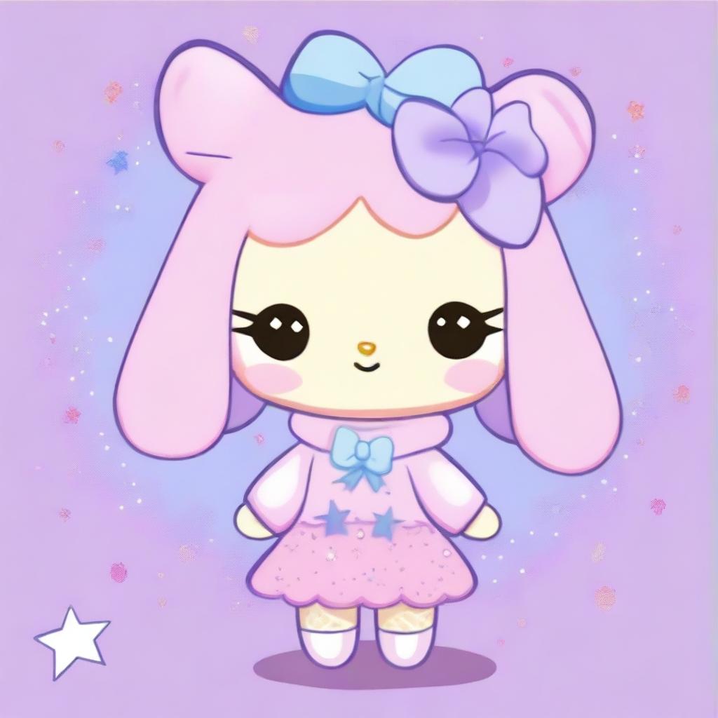 A cute Sanrio animal character in pastel pink, lilac, and light blue colors