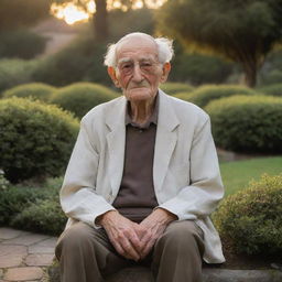 A serene portrayal of old age, showcasing a wise, elderly person with a world-worn face full of character lines, seated in a beautifully landscaped garden during sunset.