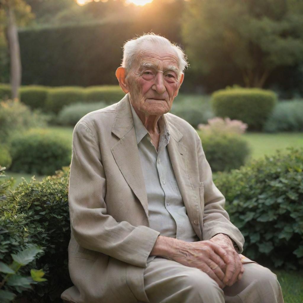 A serene portrayal of old age, showcasing a wise, elderly person with a world-worn face full of character lines, seated in a beautifully landscaped garden during sunset.