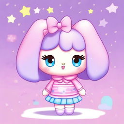 A cute Sanrio animal character in pastel pink, lilac, and light blue colors