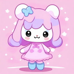 A cute Sanrio animal character in pastel pink, lilac, and light blue colors