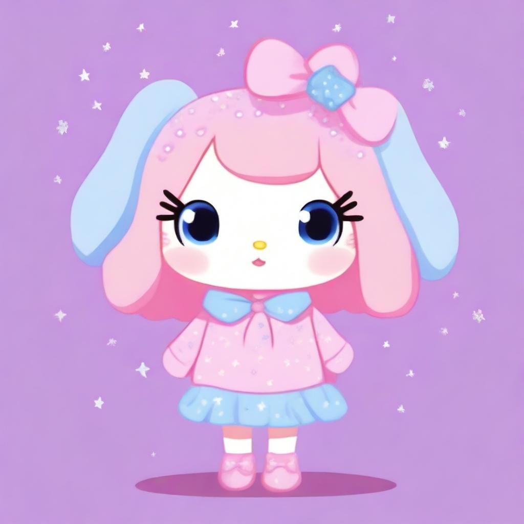 A cute Sanrio animal character in pastel pink, lilac, and light blue colors