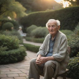 A serene portrayal of old age, showcasing a wise, elderly person with a world-worn face full of character lines, seated in a beautifully landscaped garden during sunset.