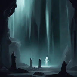 A dark cave filled with eerie specters