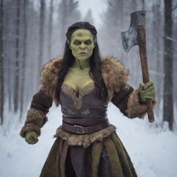 A powerful orc woman adorned with traditional Russian attire, holding a strong battle-axe in her hand against a backdrop of snowy forests of Russia.