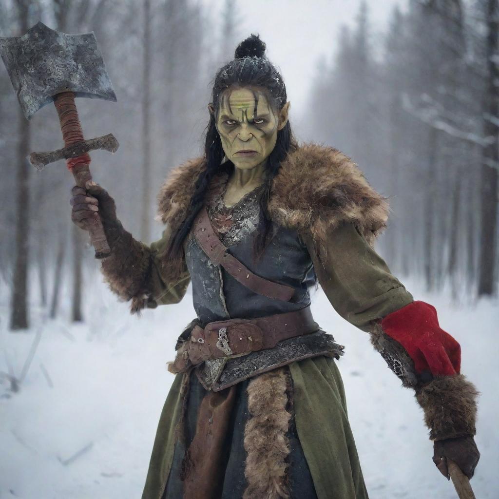 A powerful orc woman adorned with traditional Russian attire, holding a strong battle-axe in her hand against a backdrop of snowy forests of Russia.