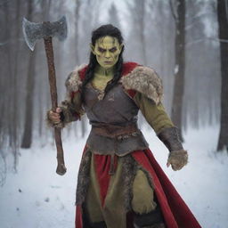 A powerful orc woman adorned with traditional Russian attire, holding a strong battle-axe in her hand against a backdrop of snowy forests of Russia.