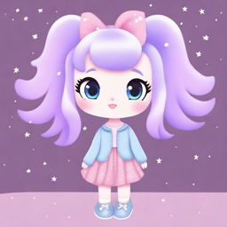 A cute animal character with big eyes, wearing a light blue sweater with silver stars, a lilac skirt, and light blue shoes