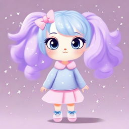 A cute animal character with big eyes, wearing a light blue sweater with silver stars, a lilac skirt, and light blue shoes