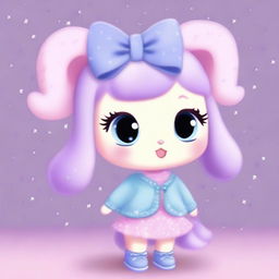 A cute animal character with big eyes, wearing a light blue sweater with silver stars, a lilac skirt, and light blue shoes