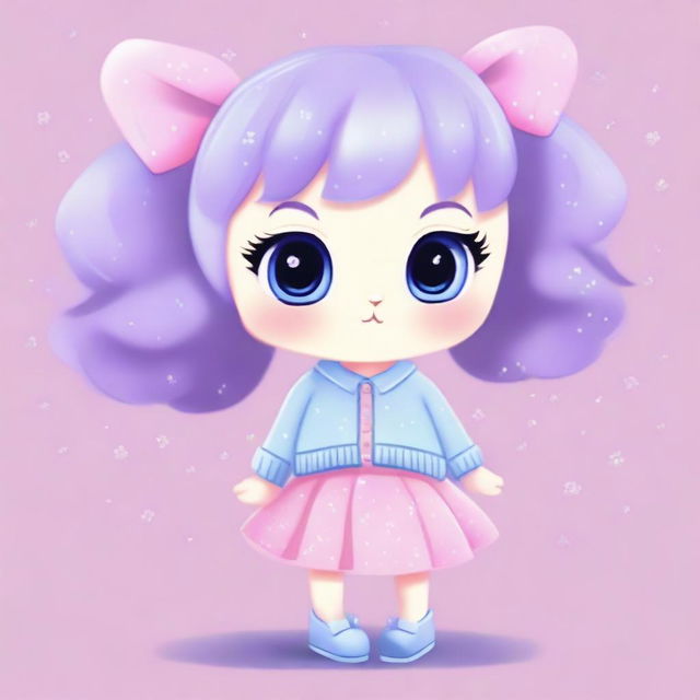 A cute animal character with big eyes, wearing a light blue sweater with silver stars, a lilac skirt, and light blue shoes