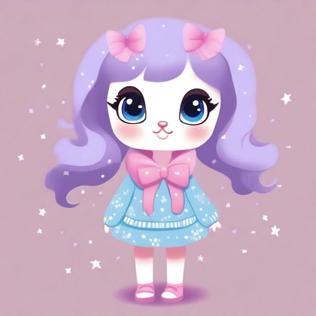 A cute animal character with big eyes, wearing a light blue sweater with stars, a purple skirt, and light blue shoes