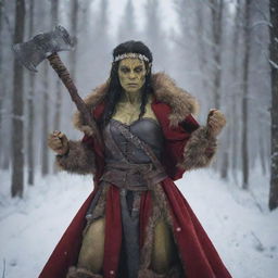 A powerful orc woman adorned with traditional Russian attire, holding a strong battle-axe in her hand against a backdrop of snowy forests of Russia.