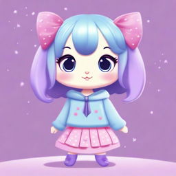 A cute animal character with big eyes, wearing a light blue sweater with stars, a purple skirt, and light blue shoes