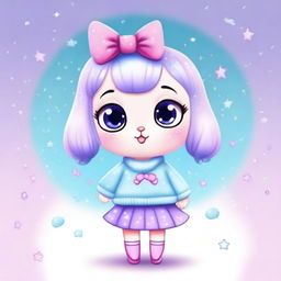 A cute animal character with big eyes, wearing a light blue sweater with stars, a purple skirt, and light blue shoes