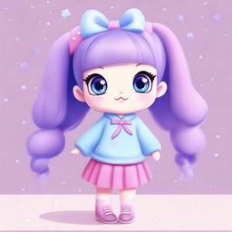 A cute animal character with big eyes, wearing a light blue sweater with stars, a purple skirt, and light blue shoes