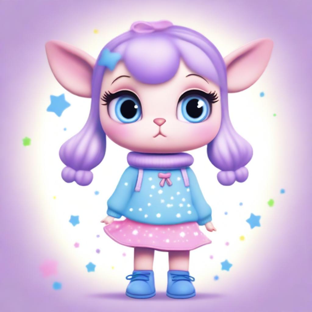 An animal character with big eyes, wearing a light blue sweater with stars, a purple skirt, and light blue shoes