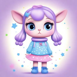 An animal character with big eyes, wearing a light blue sweater with stars, a purple skirt, and light blue shoes