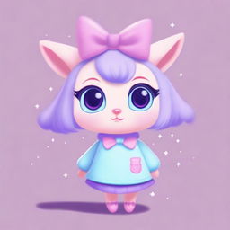 An animal character with big eyes, wearing a light blue sweater with stars, a purple skirt, and light blue shoes