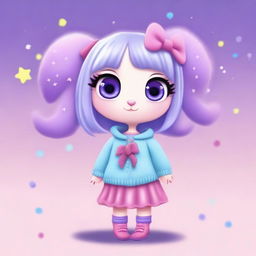 An animal character with big eyes, wearing a light blue sweater with stars, a purple skirt, and light blue shoes