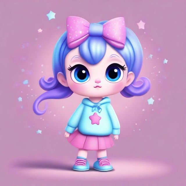 An animal character with big eyes, wearing a light blue sweater with stars, a purple skirt, and light blue shoes