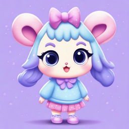 An animal character with big eyes, wearing a light blue sweater with stars, a purple skirt, and light blue shoes