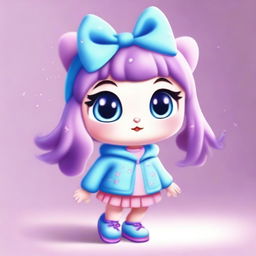 An animal character with big eyes, wearing a light blue sweater with stars, a purple skirt, and light blue shoes