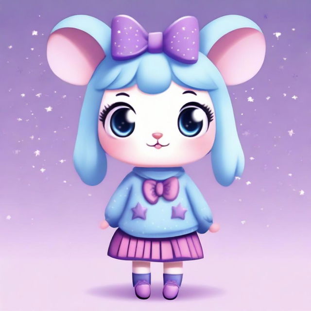 An animal character with big eyes, wearing a light blue sweater with stars, a purple skirt, and light blue shoes