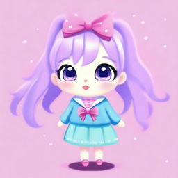 An animal character with big eyes, wearing a light blue sweater with stars, a purple skirt, and light blue shoes