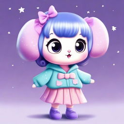 A cute animal character with big eyes, wearing a light blue sweater with stars, a purple skirt, and light blue shoes