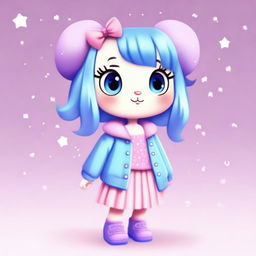 A cute animal character with big eyes, wearing a light blue sweater with stars, a purple skirt, and light blue shoes