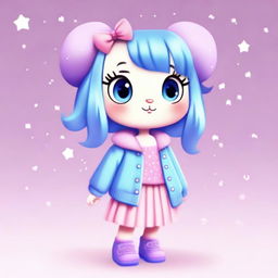 A cute animal character with big eyes, wearing a light blue sweater with stars, a purple skirt, and light blue shoes