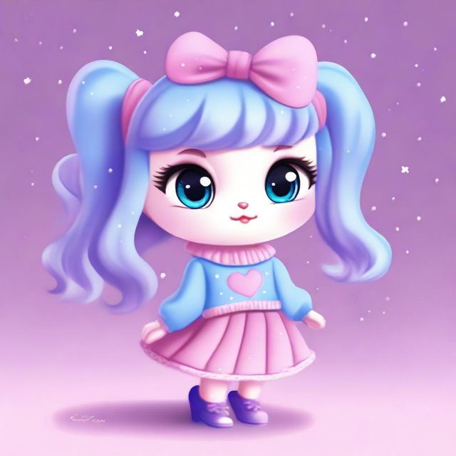 A cute animal character with big eyes, wearing a light blue sweater with stars, a purple skirt, and light blue shoes