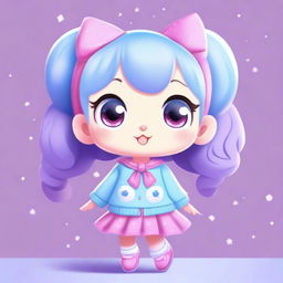 A cute animal character with big eyes, wearing a light blue sweater with stars, a purple skirt, and light blue shoes