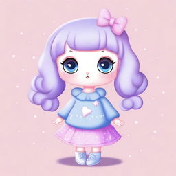 A cute animal character with big eyes, wearing a light blue sweater with silver stars, a lilac skirt, and light blue shoes