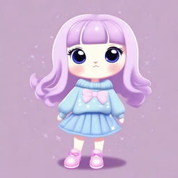 A cute animal character with big eyes, wearing a light blue sweater with silver stars, a lilac skirt, and light blue shoes