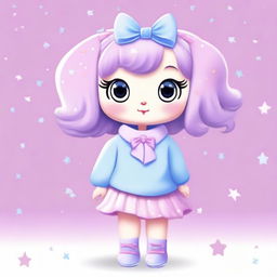 A cute animal character with big eyes, wearing a light blue sweater with silver stars, a lilac skirt, and light blue shoes