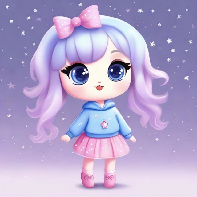 A cute animal character with big eyes, wearing a light blue sweater with silver stars, a lilac skirt, and light blue shoes