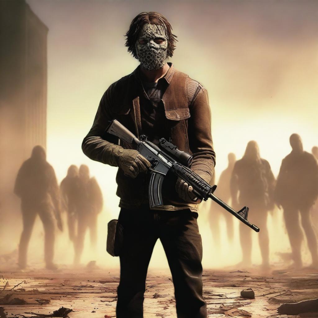 The main character Jackson Cunningham holding an AK-47 with duct tape wrapped around the handle, taking down hordes of zombies in an apocalyptic city