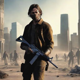 The main character Jackson Cunningham holding an AK-47 with duct tape wrapped around the handle, taking down hordes of zombies in an apocalyptic city