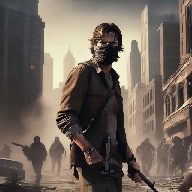 The main character Jackson Cunningham holding an AK-47 with duct tape wrapped around the handle, taking down hordes of zombies in an apocalyptic city